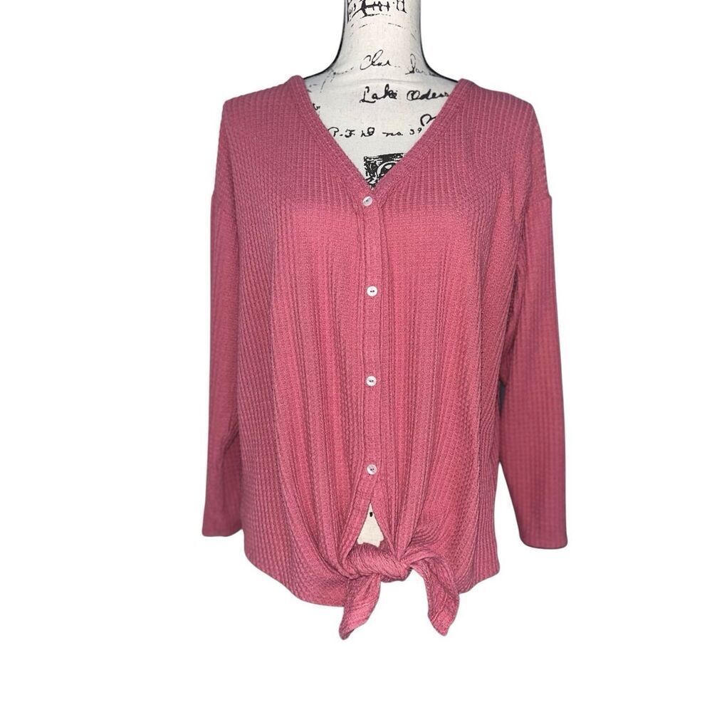 LOFT Outlet Pink Waffle Knit Tie‎ Front Button Down Thermal Top Large